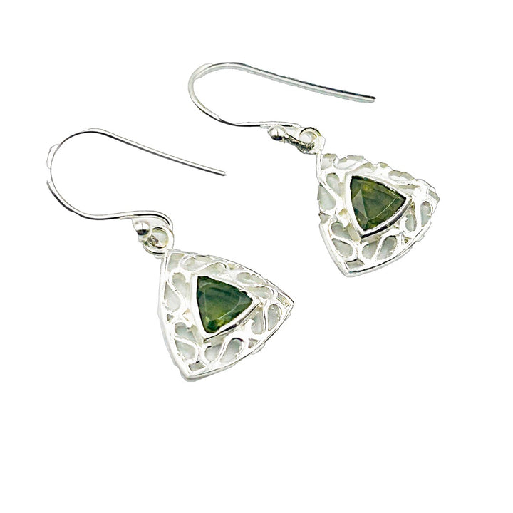 Moldavite Faceted Triangle Sterling Silver Earrings  ( ME1)