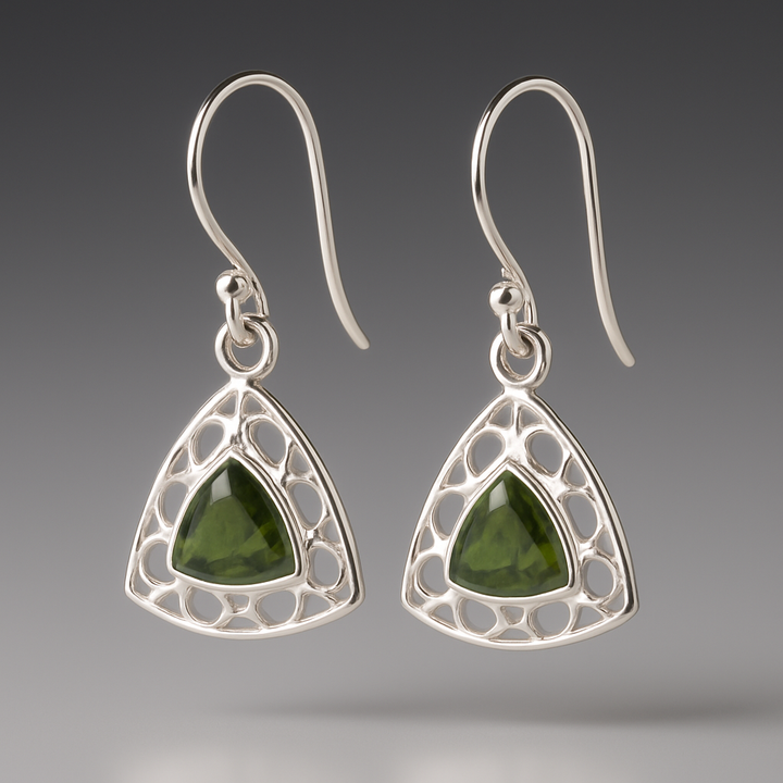 Moldavite Faceted Triangle Sterling Silver Earrings  ( ME1)