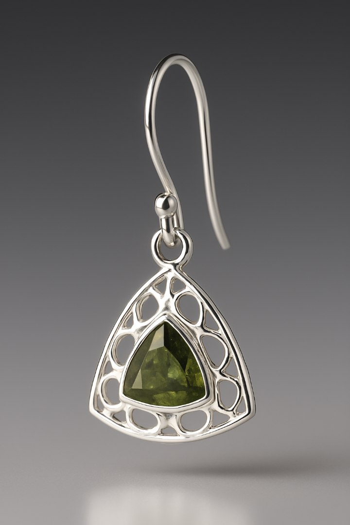 Moldavite Faceted Triangle Sterling Silver Earrings  ( ME1)