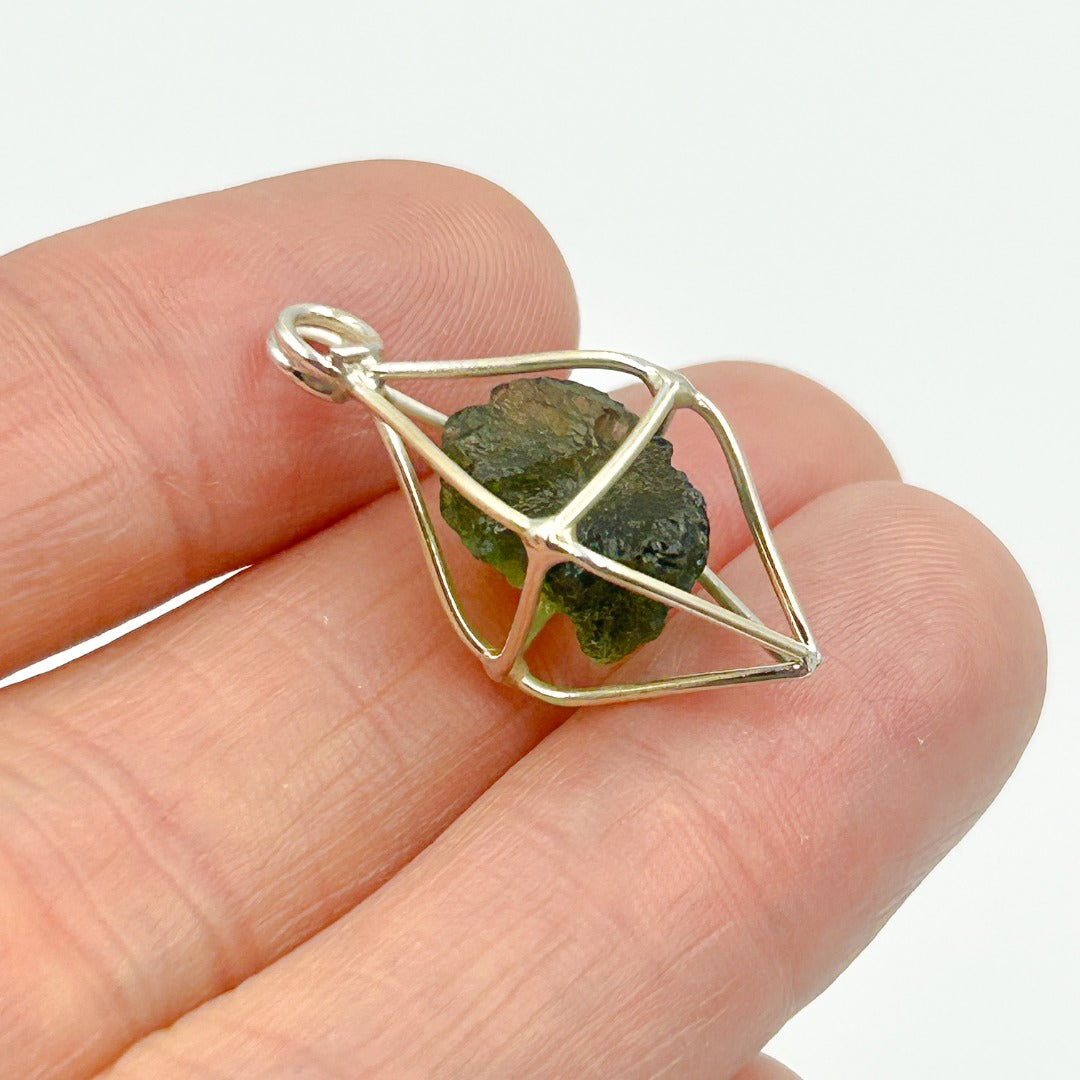 Moldavite Tektite Cage Sterling Silver Pendant ( 1 )