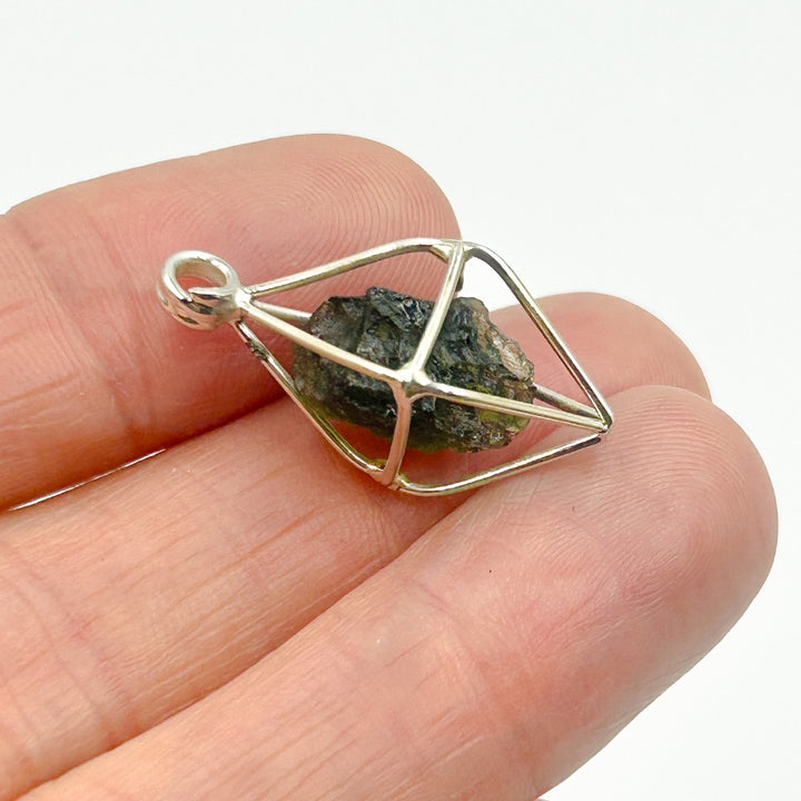 Moldavite Tektite Cage Sterling Silver Pendant ( 3 )