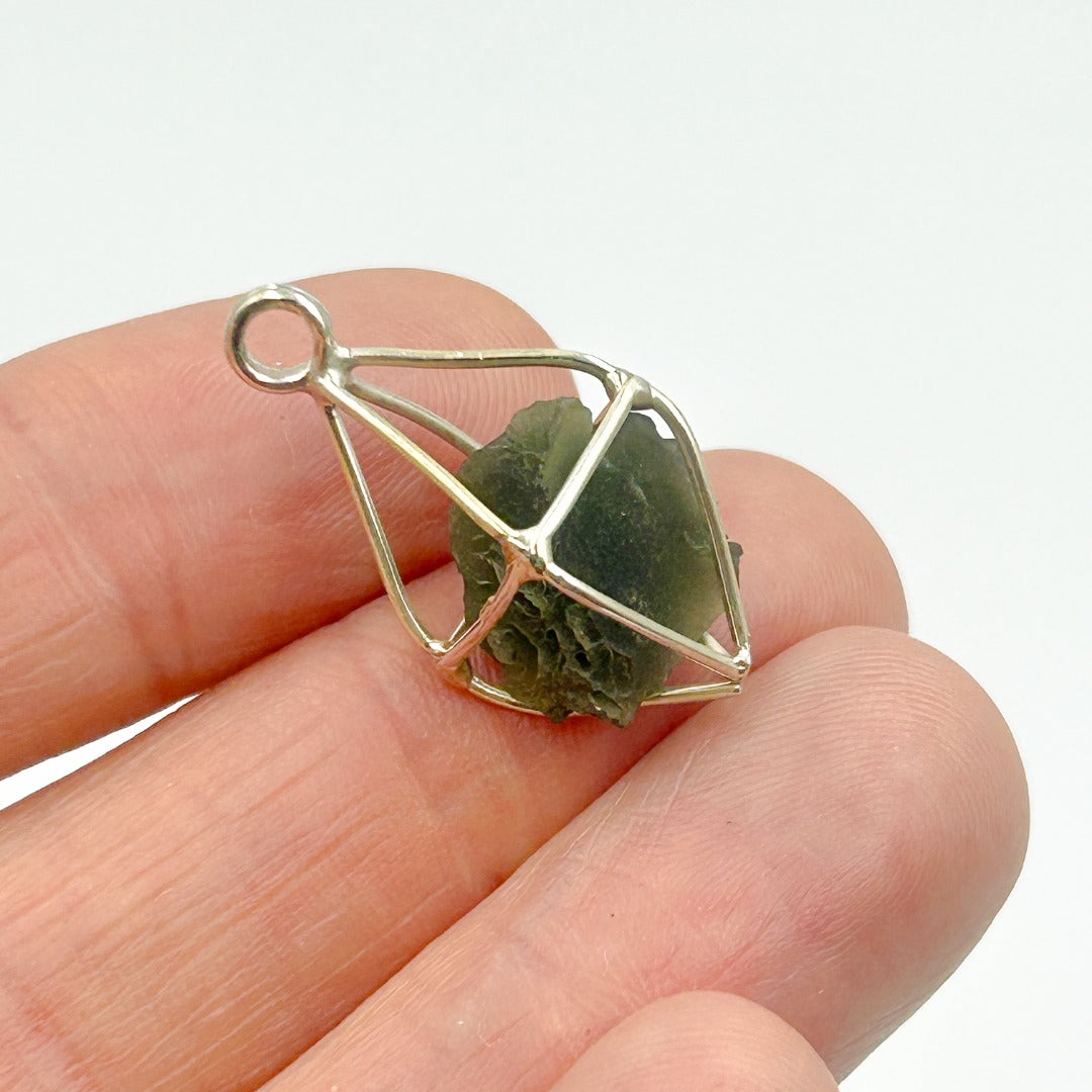 Moldavite Tektite Cage Sterling Silver Pendant ( 5 )