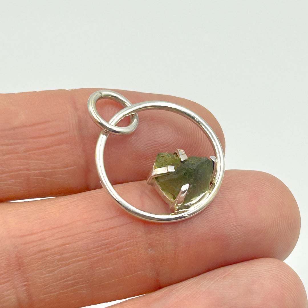 Moldavite Sterling Silver Circle Style Tektite Pendant ( 2 )