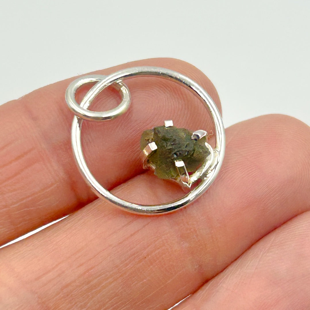 Moldavite Sterling Silver Circle Style Tektite Pendant ( 3 )