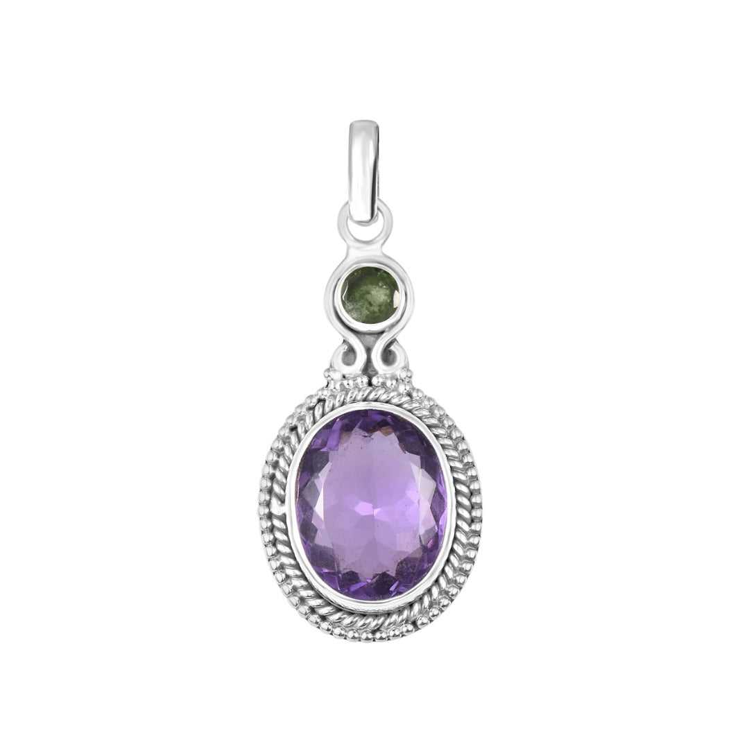 Moldavite Amethyst Sterling Silver Faceted Pendant  ( 174 ) - Crystal Nation LTD