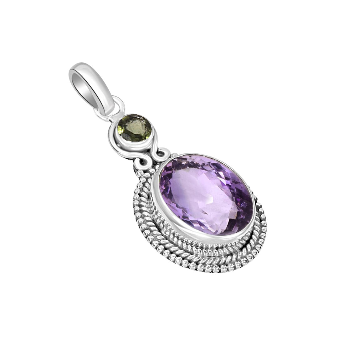 Moldavite Amethyst Sterling Silver Faceted Pendant  ( 89 )