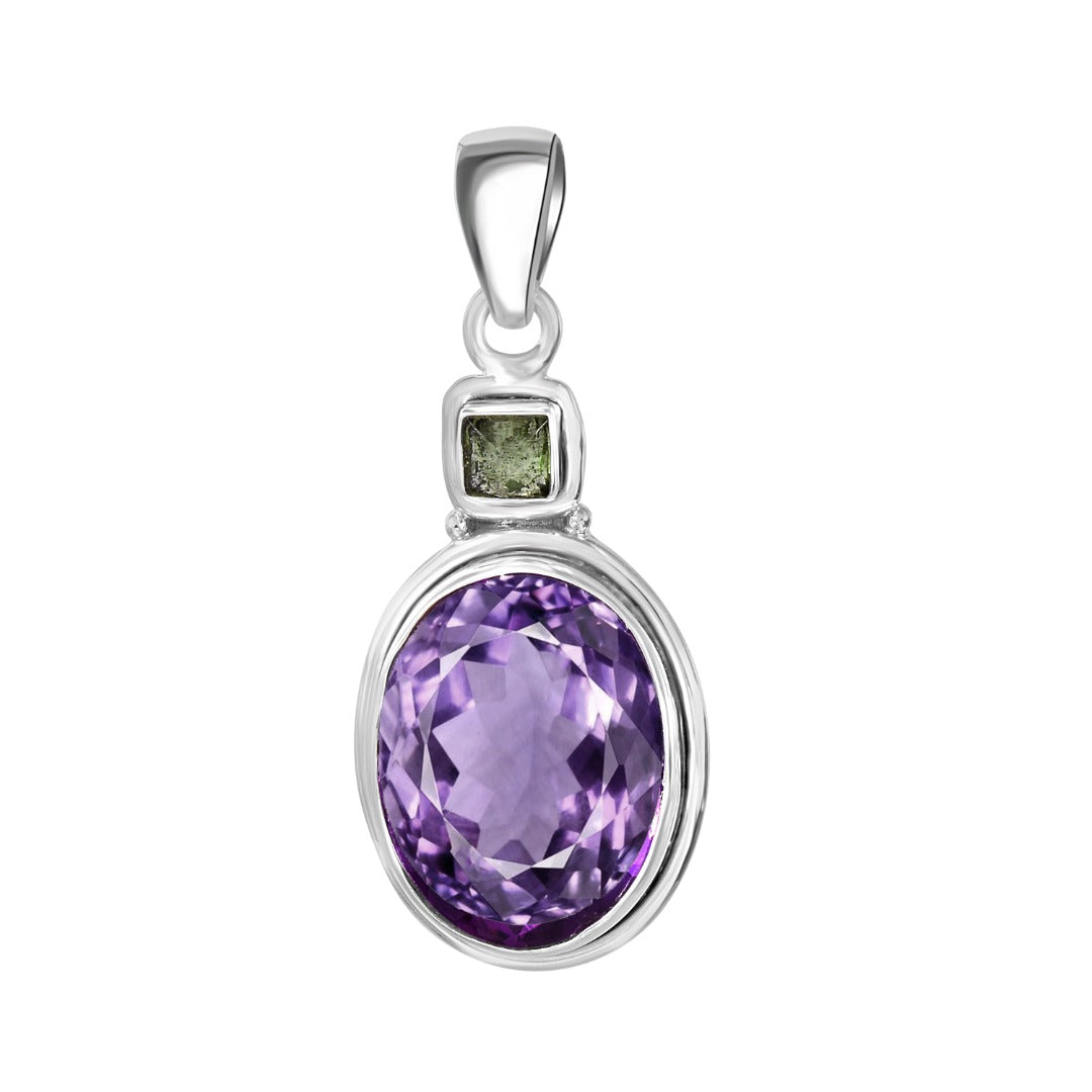 Moldavite Amethyst Sterling Silver Faceted Pendant  ( 17 )