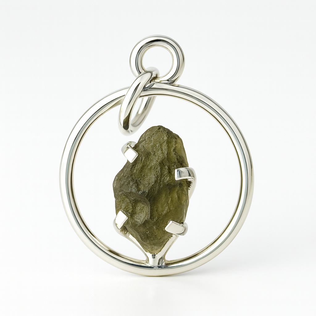 Moldavite Sterling Silver Circle Style Tektite Pendant