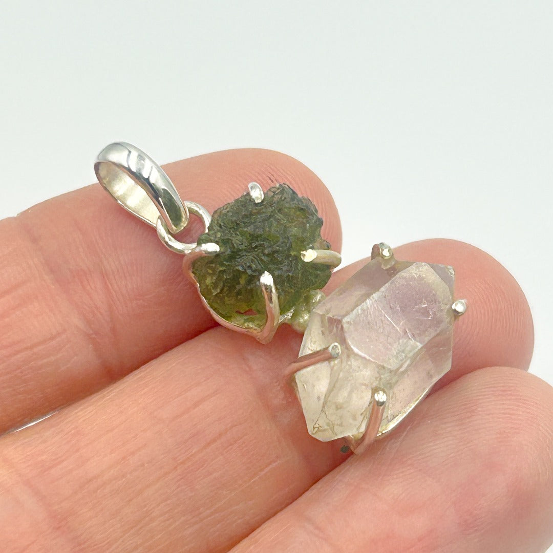 Moldavite Herkimer Diamond Sterling Silver Pendant  ( 11 )