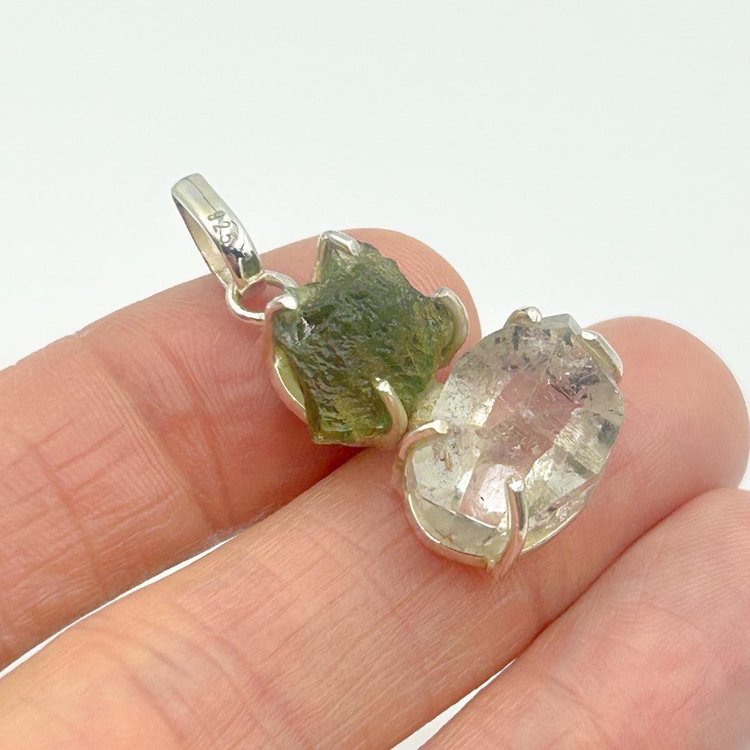 Moldavite Herkimer Diamond Sterling Silver Pendant  ( 12 )