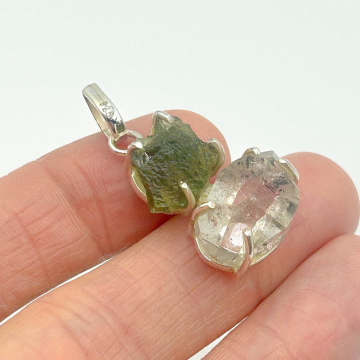 Moldavite Herkimer Diamond Sterling Silver Pendant  ( 12 )
