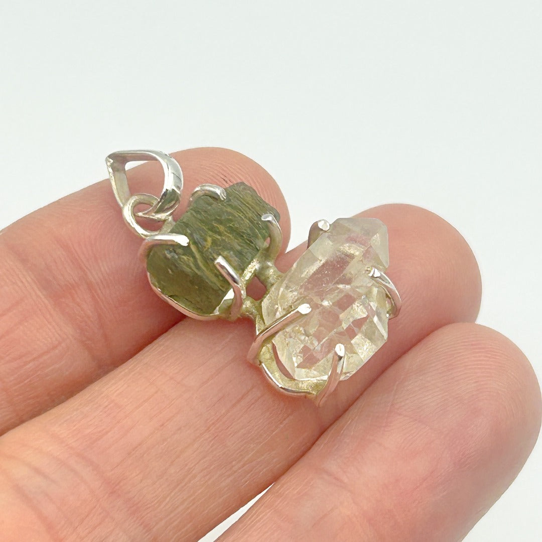 Moldavite Herkimer Diamond Sterling Silver Pendant  ( 13 )