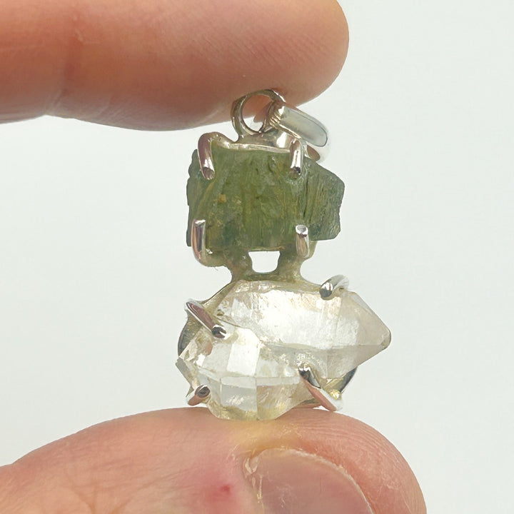 Moldavite Herkimer Diamond Sterling Silver Pendant  ( 13 )