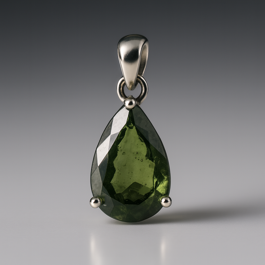 Moldavite Faceted Tektite Sterling Silver Pendant ( MFPP )
