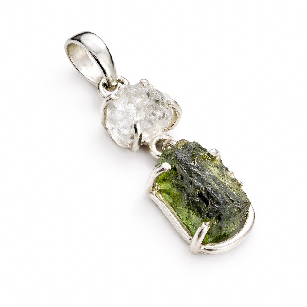 Moldavite Herkimer Diamond Sterling Silver Pendant  ( MHR ) - Crystal Nation LTD
