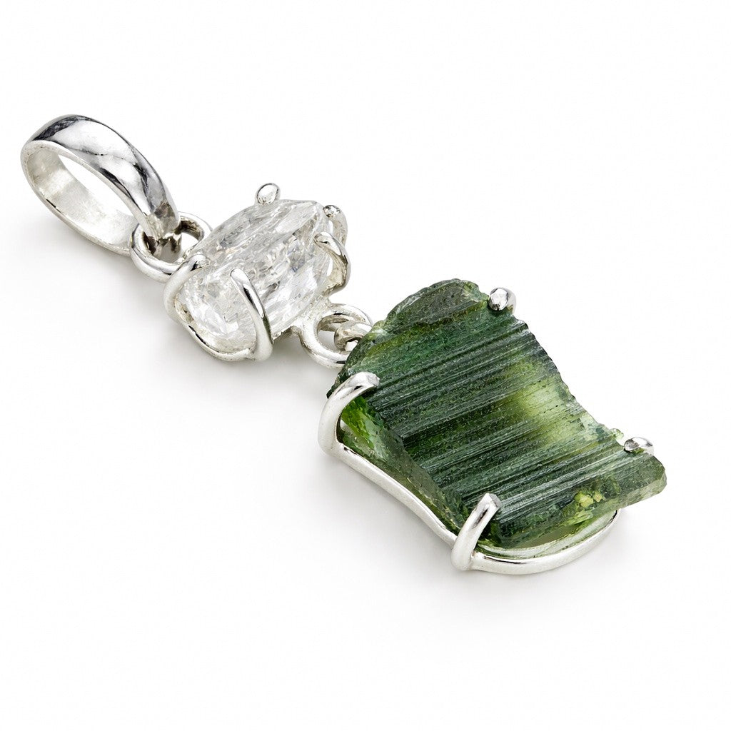 Moldavite Herkimer Diamond Sterling Silver Pendant  ( MHR ) - Crystal Nation LTD