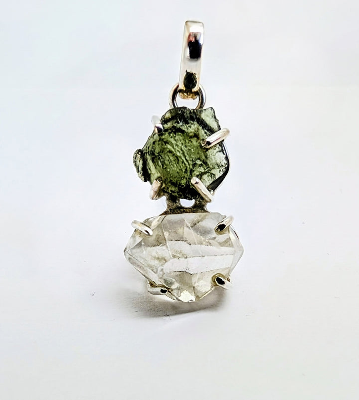 Moldavite & Herkimer Diamond Sterling Silver Pendant