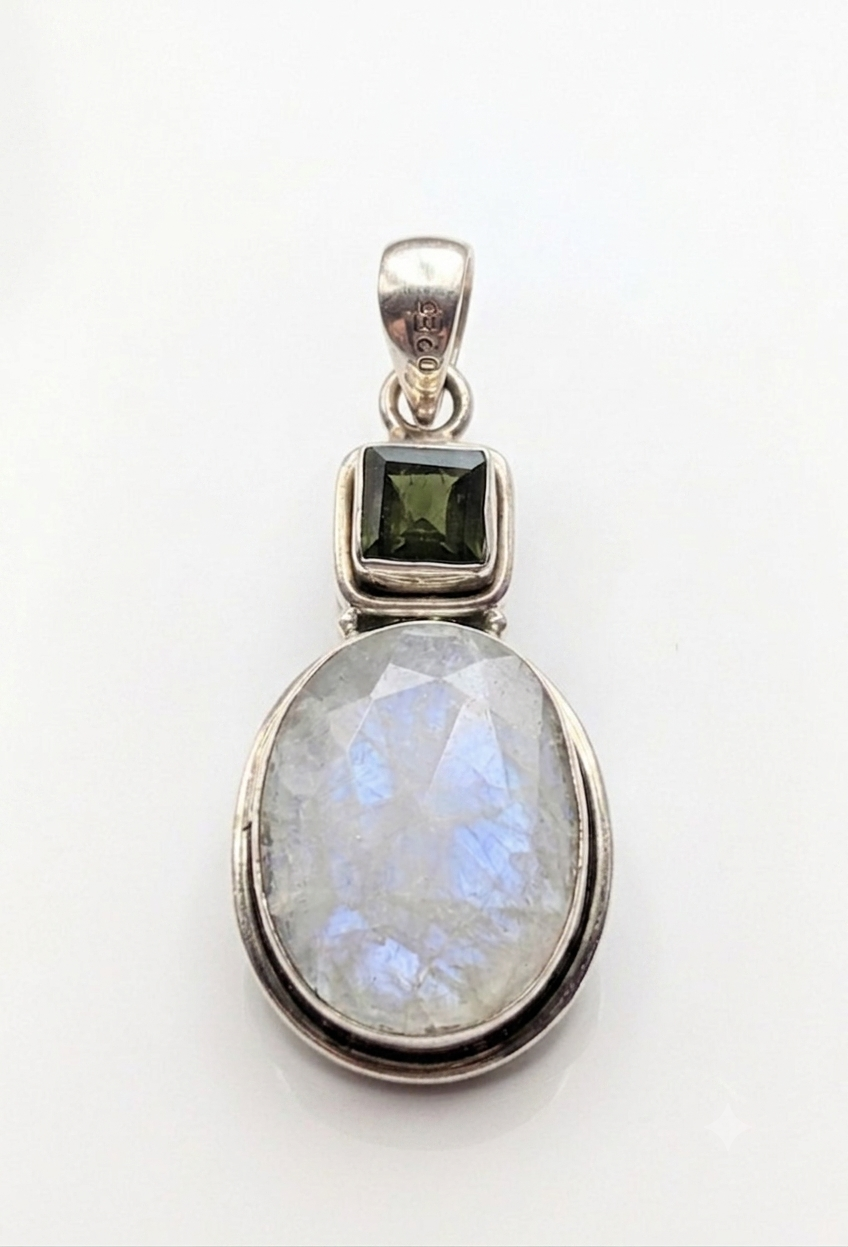 Rainbow Moonstone Moldavite Sterling Silver Pendant ( P52)