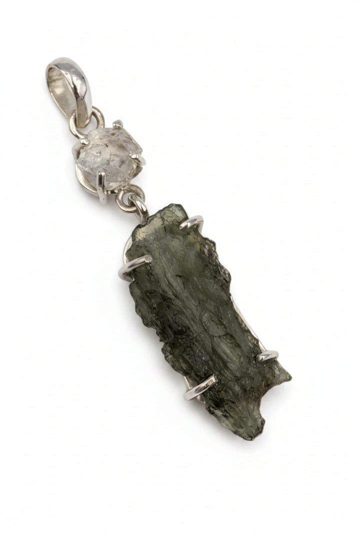 Moldavite Herkimer Diamond Sterling Silver Pendant  ( MHR )