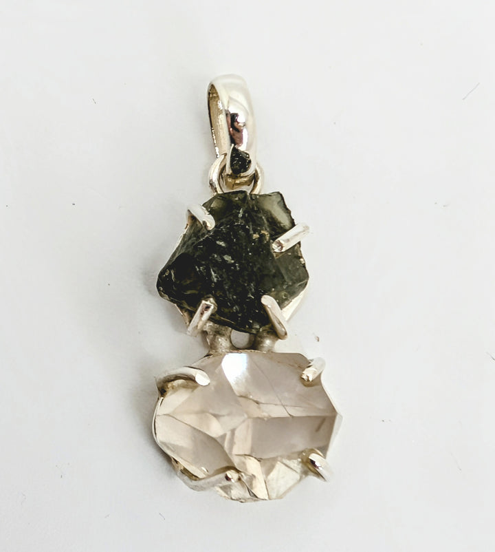 Moldavite & Herkimer Diamond Sterling Silver Pendant