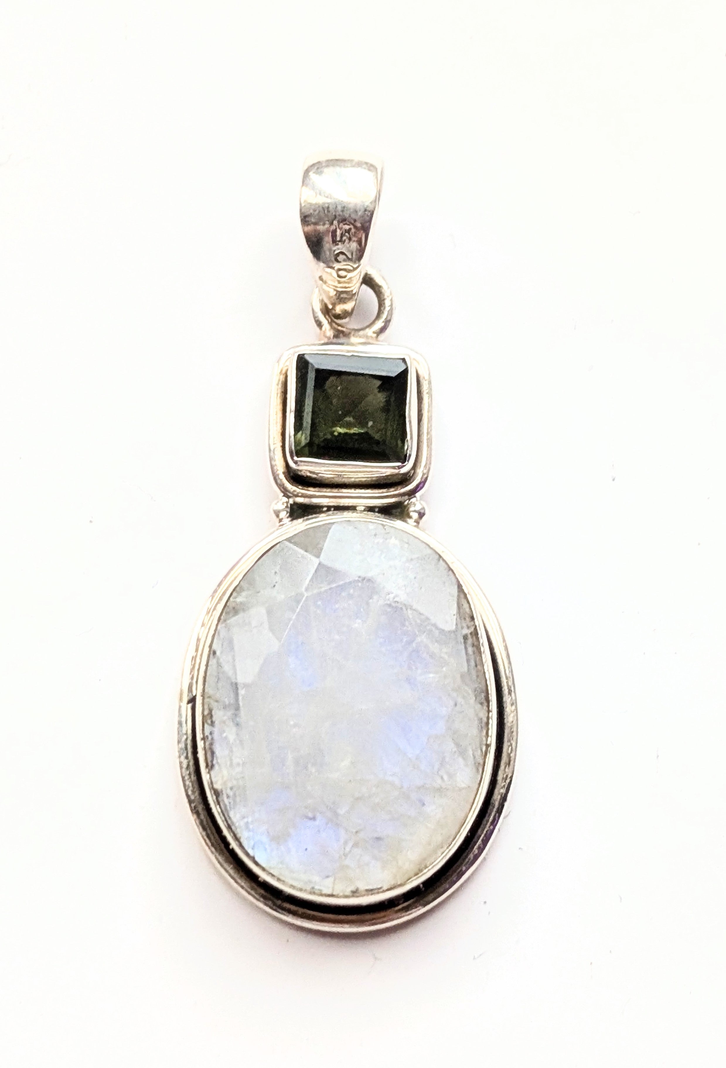 Rainbow Moonstone Moldavite Sterling Silver Pendant ( P52)