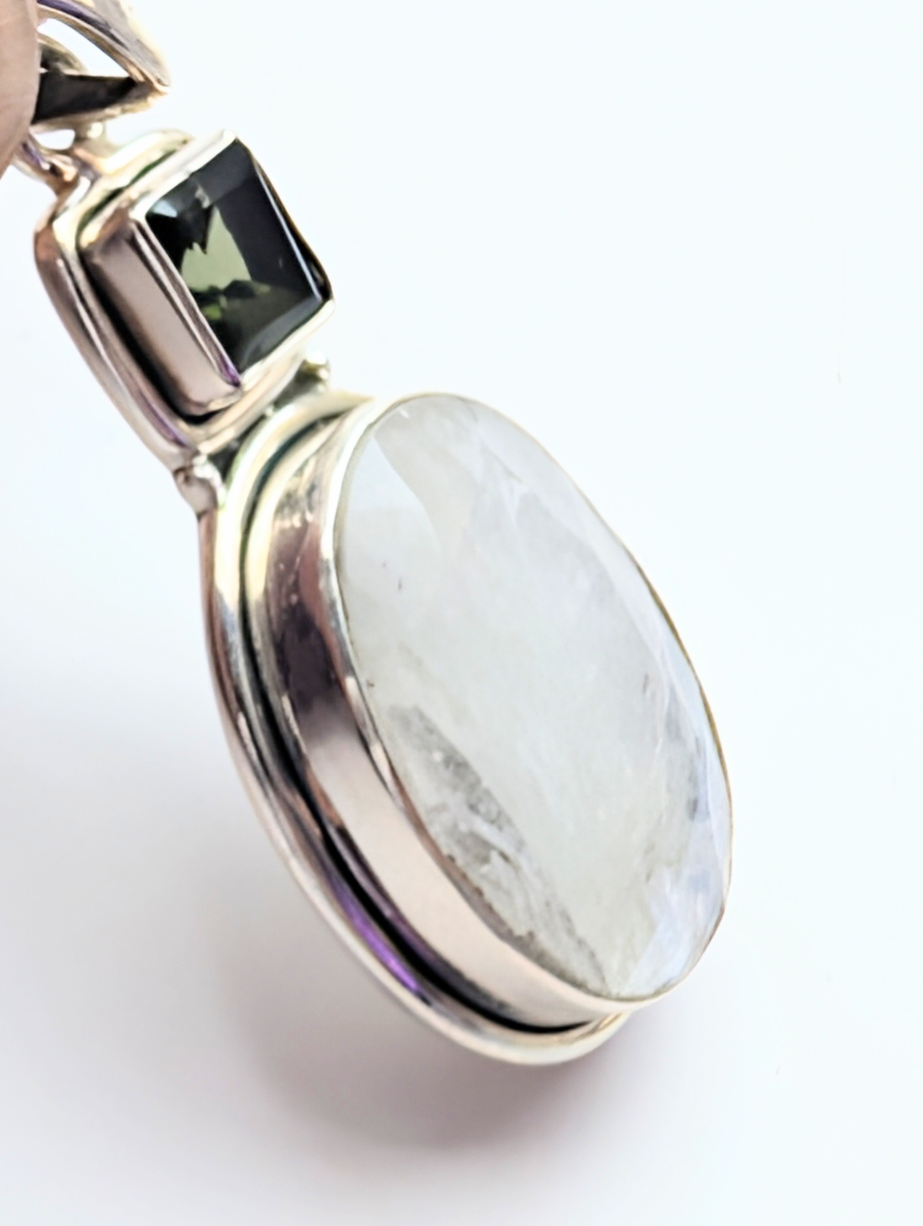 Rainbow Moonstone Moldavite Sterling Silver Pendant ( P52)