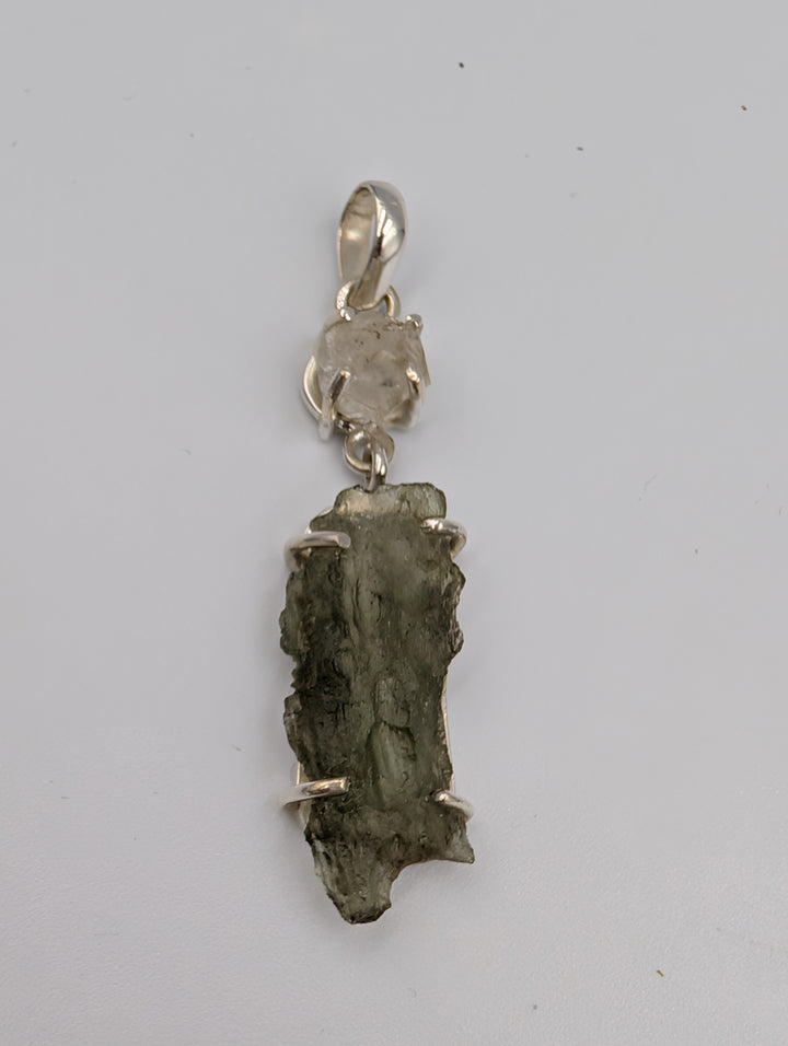 Moldavite Herkimer Diamond Sterling Silver Pendant  ( MHR )