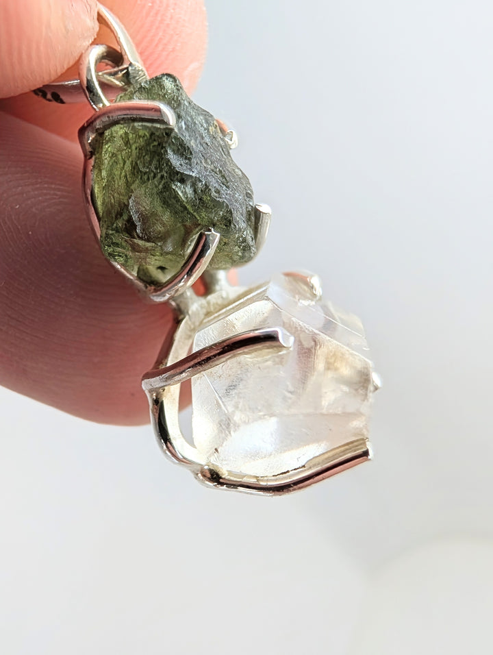 Moldavite & Herkimer Diamond Sterling Silver Pendant