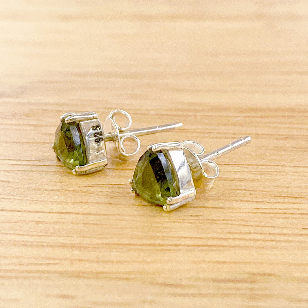 Moldavite Faceted Triangle Sterling Silver Stud Earrings  (124114)