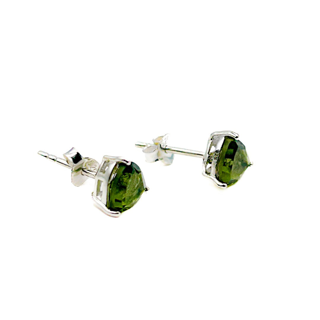 Moldavite Faceted Triangle Sterling Silver Stud Earrings  (124114)