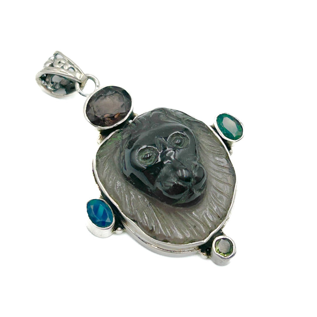 Moldavite Agni Manitite Cintamani Lion Head Sterling Silver Pendant ( 776967 )