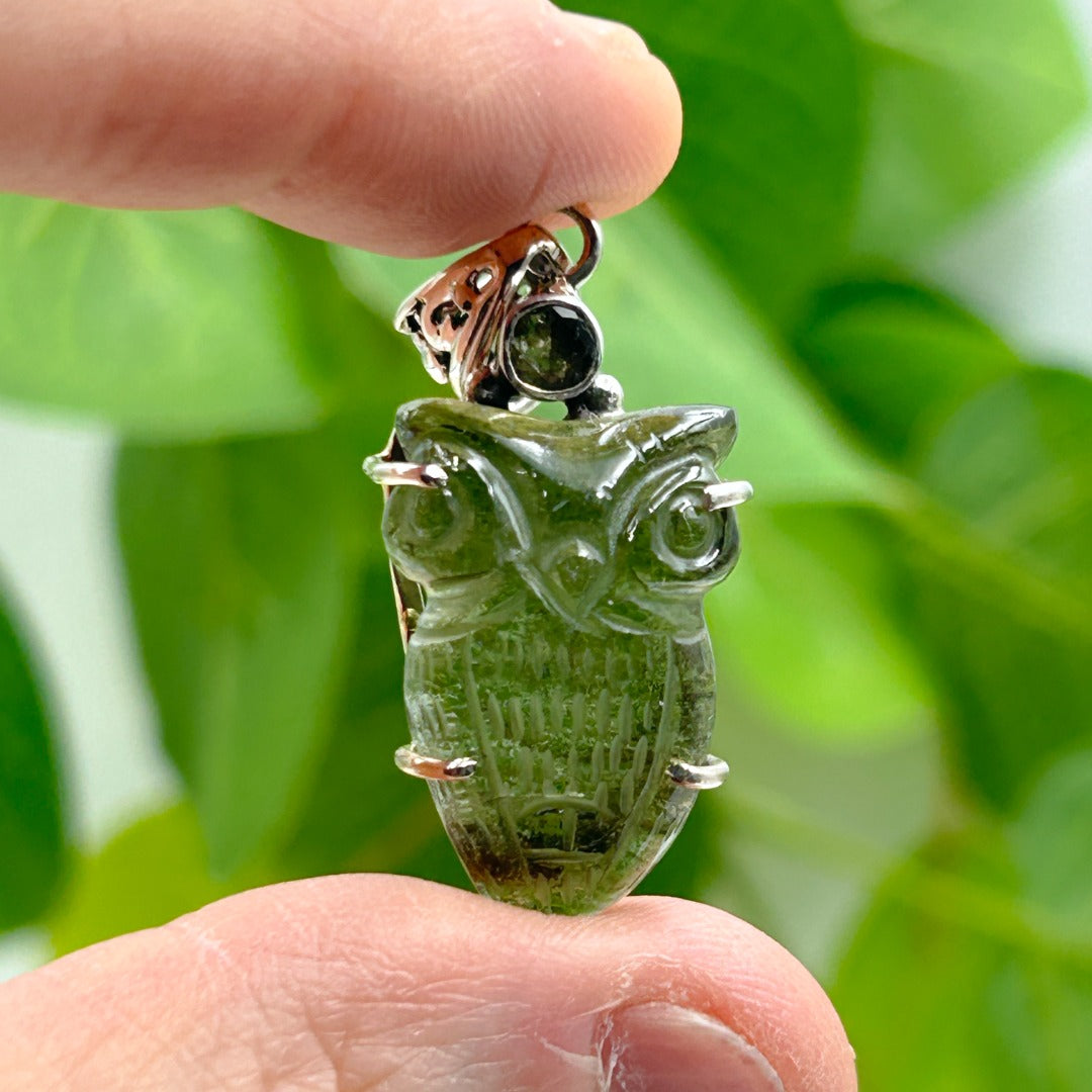 Moldavite Owl Sterling Silver Pendant ~ ( 477477 )
