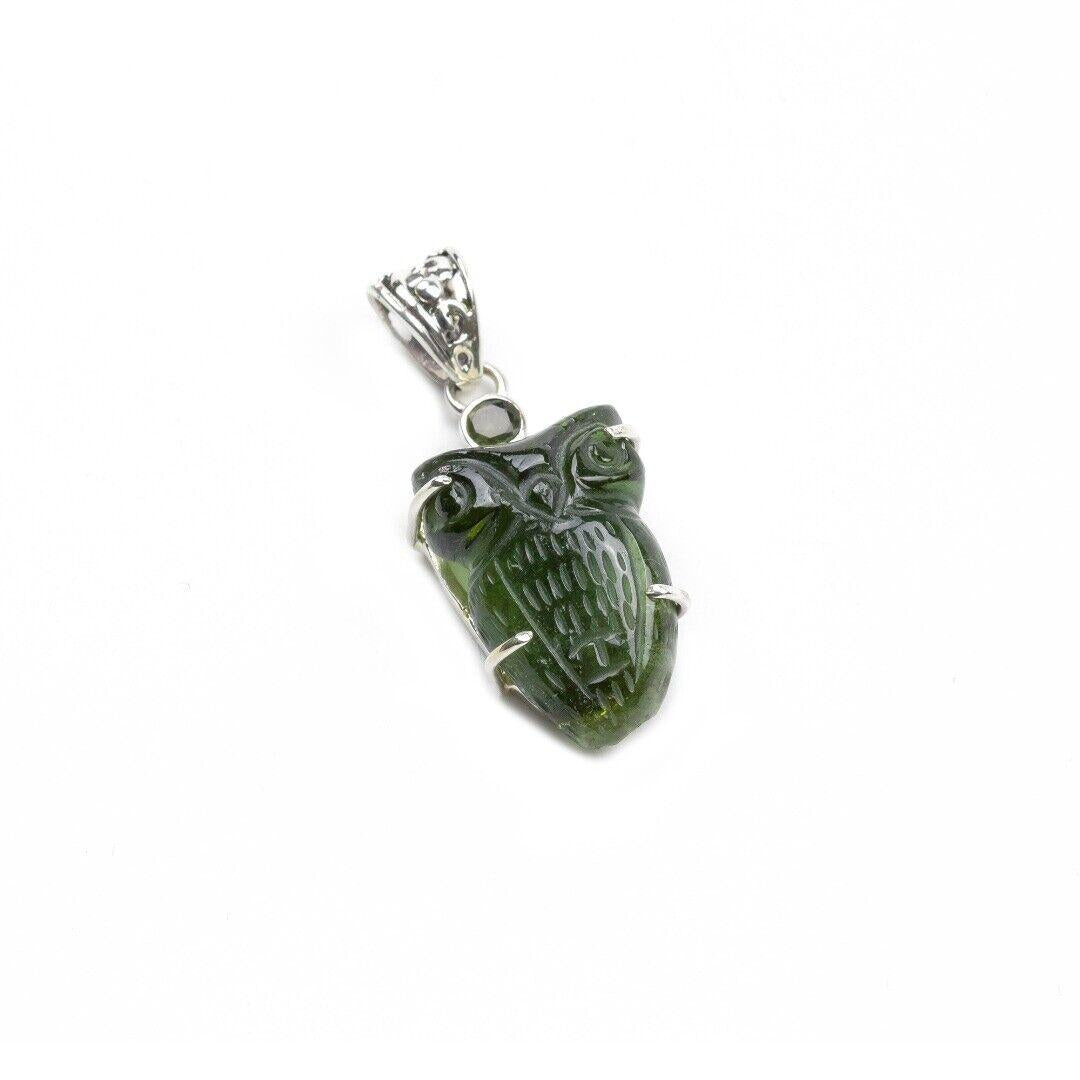 Moldavite Owl Sterling Silver Pendant ~ ( 477477 )