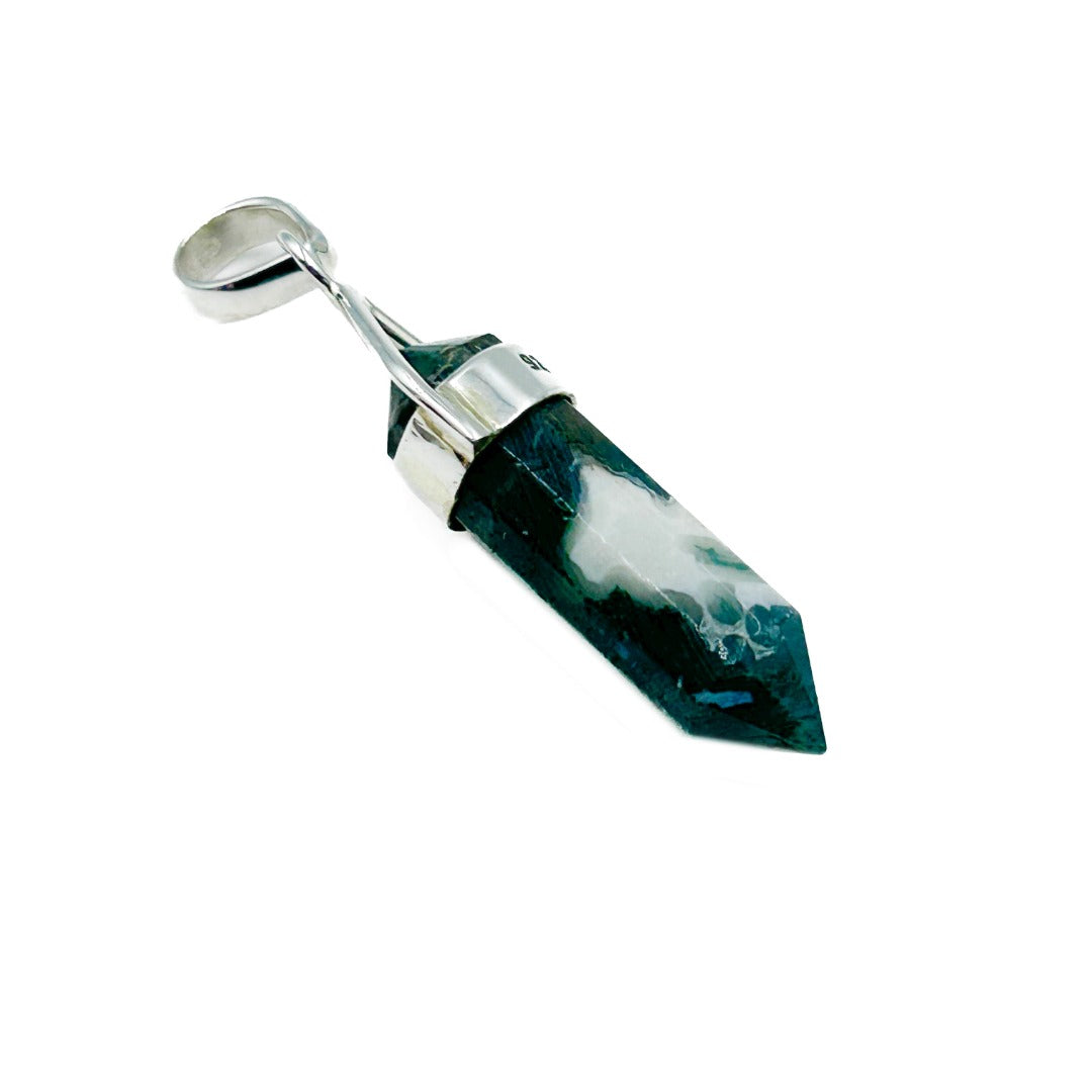 Moss Agate Crystal Point Sterling Silver Pendant ( 252217 )