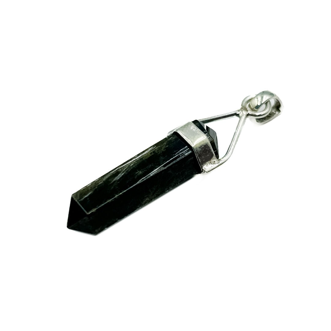 Black Tourmaline Crystal Point Sterling Silver Pendant ( 160841 )