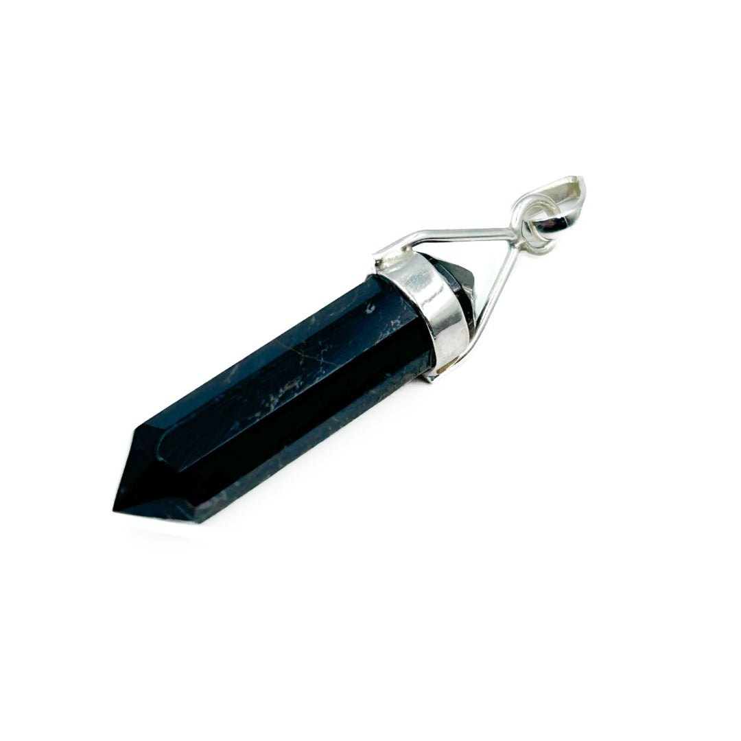 Black Tigers Eye Crystal Point Sterling Silver Pendant ( 773798 )